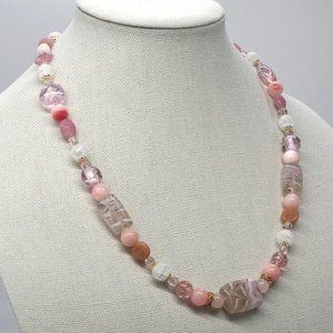 Necklace Hand Blown Glass Beads Pink Beige White Coral Beads Rhinestones